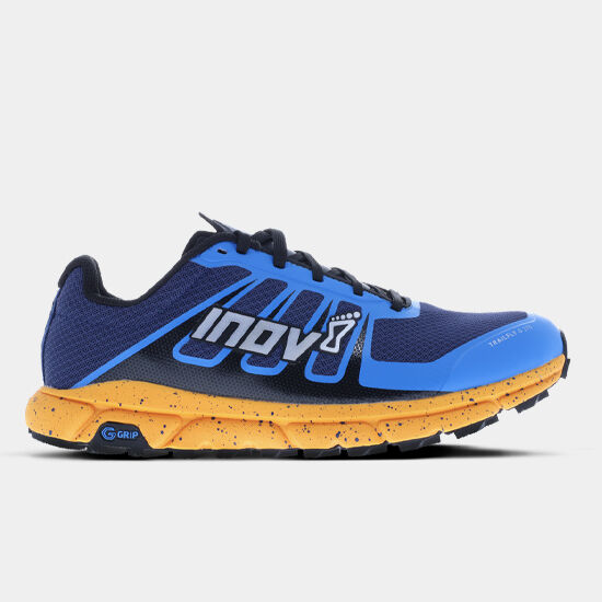 a blue and yellow running shoe